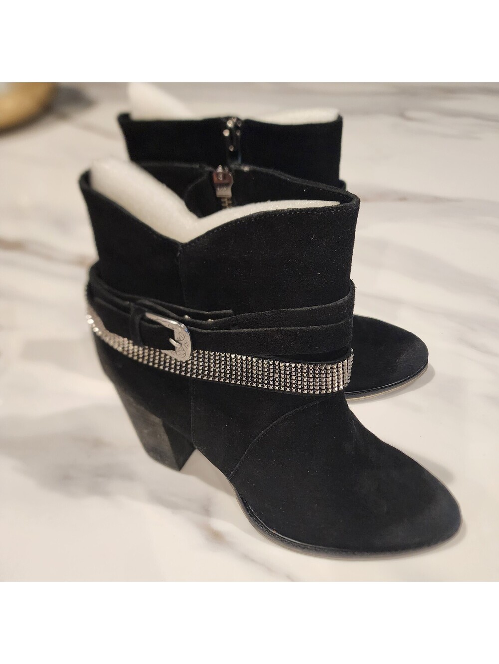 NIB Chinese Laundry Black Suede Rhinestone Buckle Ankle Boots Women's 10